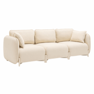 Angled studio shot of the Linka Lounge Chair in cream upholstery with metal frame, featuring plush cushions for hotel and office, workplace furniture