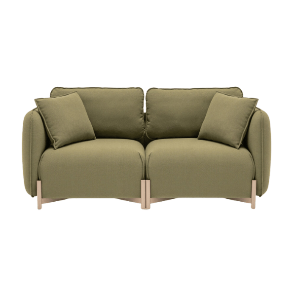 The Linka Lounge Chair in green, featuring an upholstered seat, back and a sturdy metal frame. Modern lounge furniture.