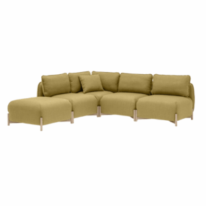 workplace furniture, Angled view of a configurable Linka Corner Sofa in textured yellow fabric with light wood legs. Modern, modular, and upholstered.