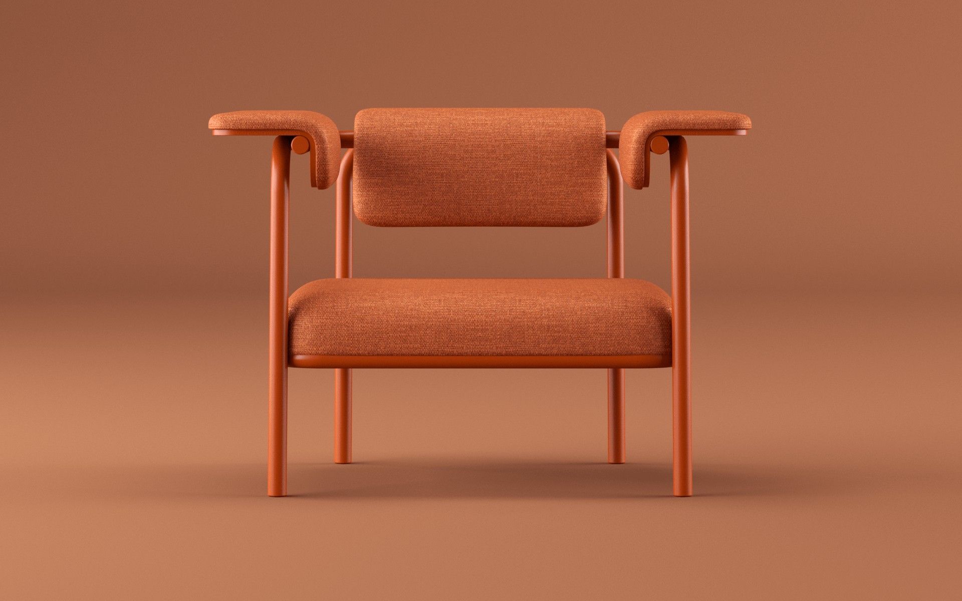 SEDE lounge chair, sustainable contract furniture for hotels, restaurants, and workplaces, front view, orange fabric.