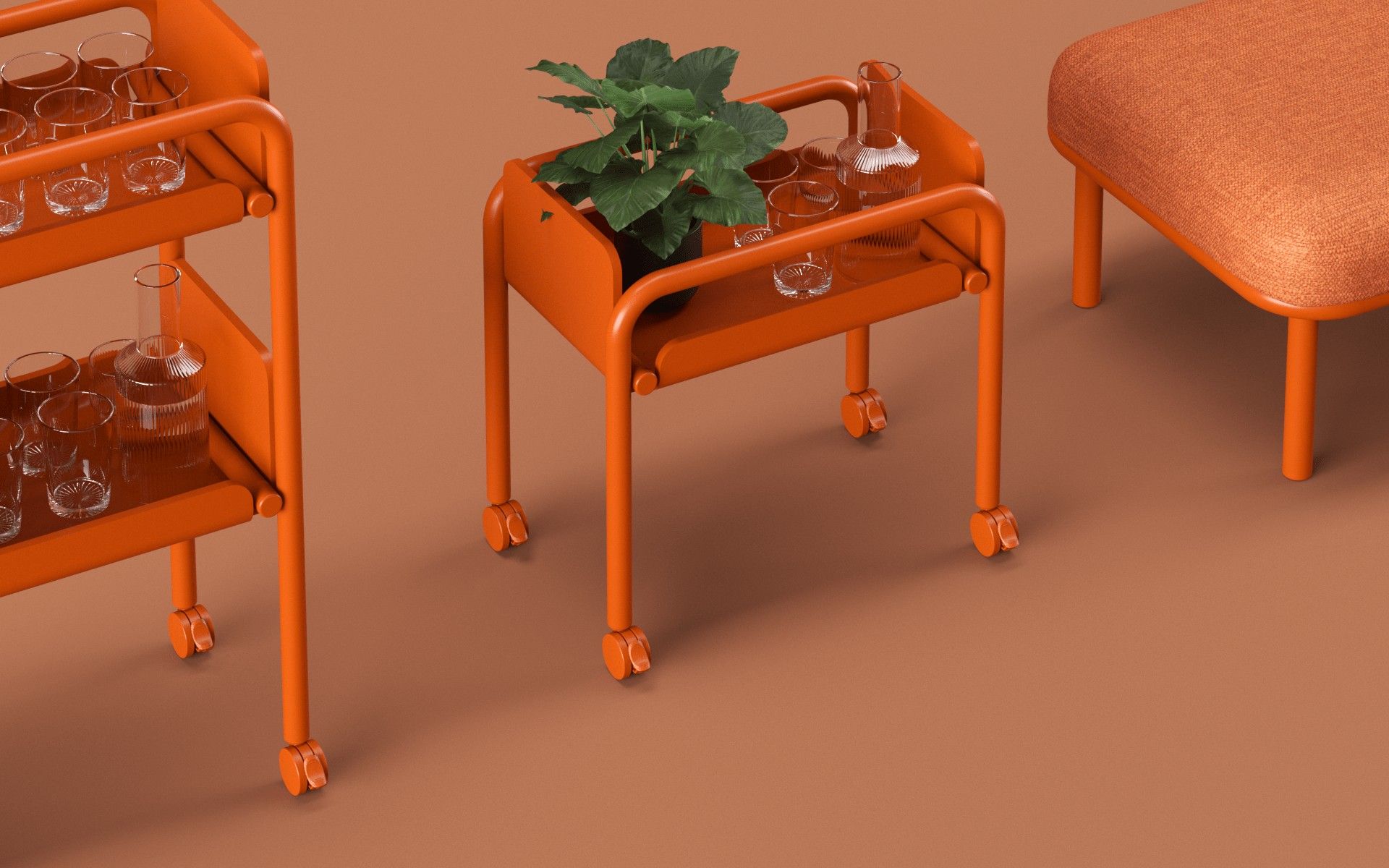 SEDE orange rolling table in a hotel room. Sustainable contract furniture for restaurants, workplaces, and hotels.