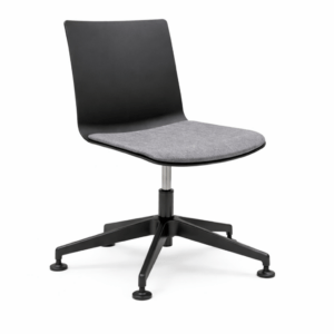 The Shila S desk chair features a black frame, PP seatback, gray upholstered seat pad, and a 5-star base with glides, workplace furniture