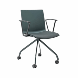 Angled view of a modern, dark gray Shila 4-Star Armchair with metal frame, polypropylene seat and back, and rolling casters.