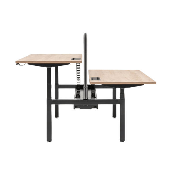 Angled view of a Sonic Sit Stand Desk Screen featuring a wooden top and black metal frame, ideal for workplace dividers.