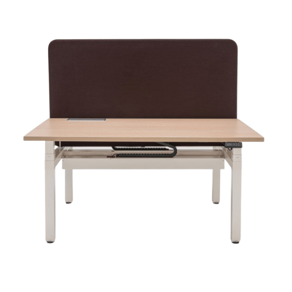 Front view of a Sonic Sit Stand Desk Screen featuring a brown upholstered screen, light wood desk, and white metal frame.