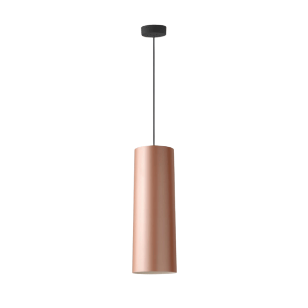 Modern To Be Pendant Light in copper finish with cylindrical shade, hanging from a black cord and ceiling mount.