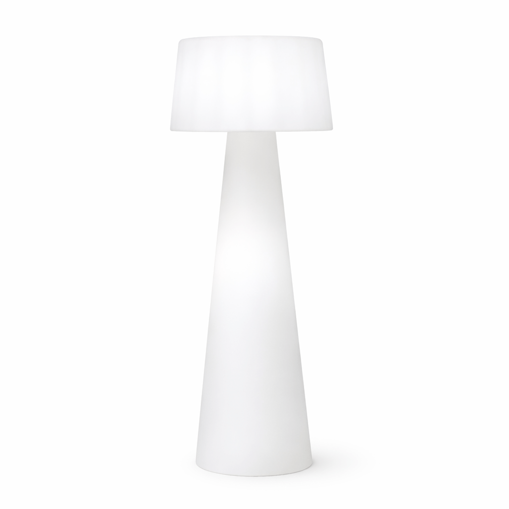 Time Out Floor Lamp, a modern lighting fixture with a white cylindrical shade and a conical base, emitting soft, ambient light.