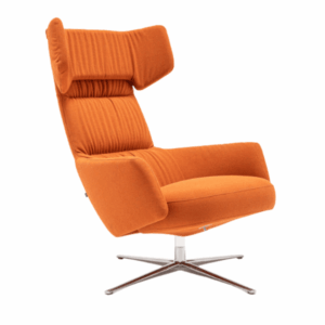 Angled view of the Toro Lounge Chair in orange fabric with a metal, rocking base. Modern, comfortable seating for lounge areas, workplace furniture, Hotel Furniture.