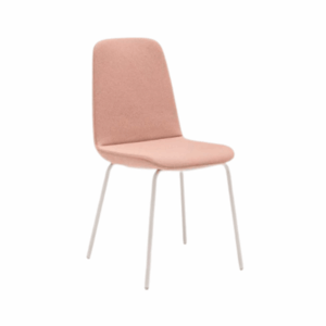 Ulti M Side Chair in light pink upholstery with slim white metal legs, side angle view. Modern commercial chair.