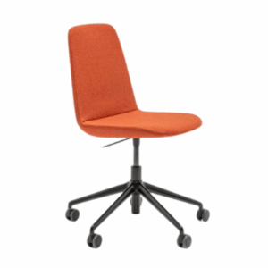 Ulti S Desk Chair in orange fabric with black metal frame and caster wheels. Contemporary office seating.