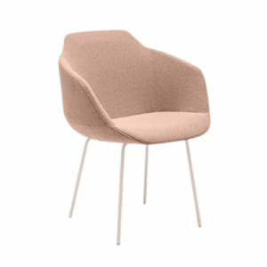 Workplace furniture, Angled view of a modern Ultra Armchair with soft pink upholstery and white metal legs on a white background.