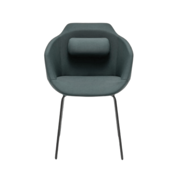 Front view of the upholstered Ultra Armchair M in gray with a wooden frame and black legs, ideal for restaurant or hotel seating.