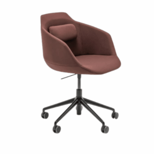 Angled studio shot of a brown Ultra Desk Armchair featuring a metal frame, upholstered seat and back, and caster wheels, workplace furniture.