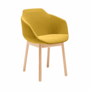 Modern Ultra Armchair in mustard yellow fabric upholstery with light wood legs for contract furniture and workplace furniture projects.