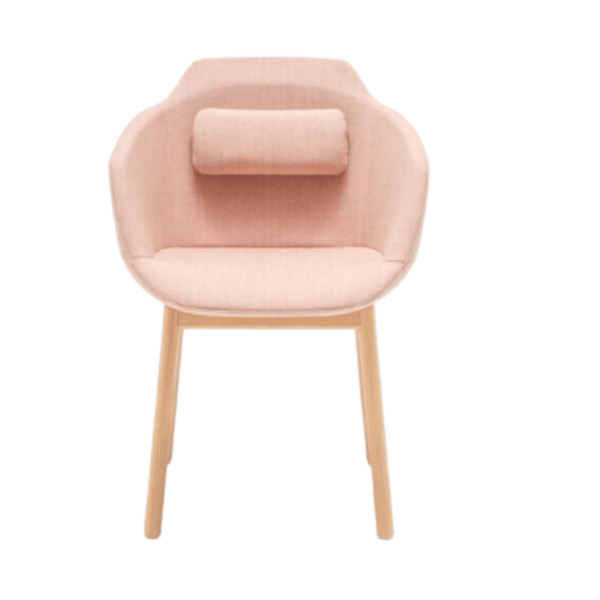 Front view of the Ultra Armchair in light pink upholstery with a headrest and light wood legs. Contemporary style.
