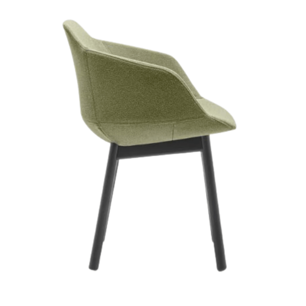 Side view of the Ultra Armchair in green upholstery with black metal frame, perfect for modern commercial interiors.