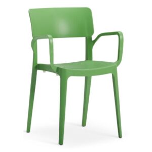 Angled view of a green Vivo Armchair, featuring a polypropylene frame, stackable design, and suitable for outdoor use.