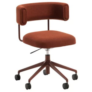 Angled studio shot of the rust-colored Vivo Armchair, featuring upholstered seat, backrest and armrests, and a rolling base.