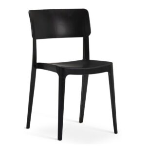 Angled view of a black Afi Arm Chair, featuring a simple metal frame and molded wooden back, ideal for modern commercial spaces.