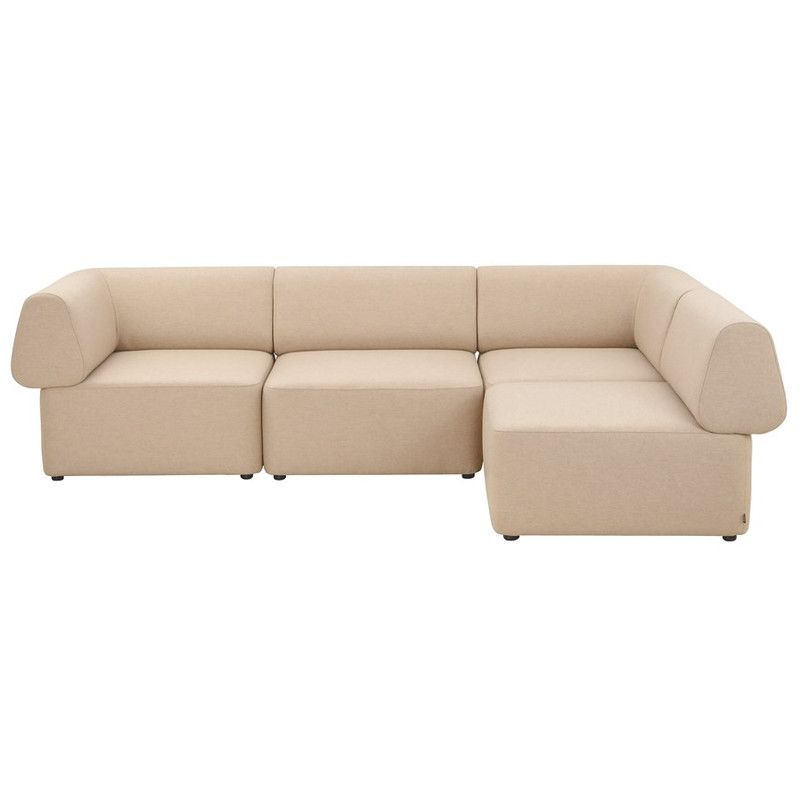 Angular view of a beige upholstered Bold Corner Sofa. Modern modular design with rounded armrests. Commercial lounge furniture.
