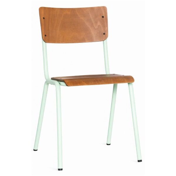 Cario side chair, front angle. Wood seat and back with light green metal frame. Modern commercial furniture.
