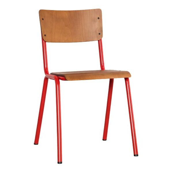Cario Side Chair: Front view of a wooden seat and back with a red metal frame, perfect for modern restaurant and office spaces.