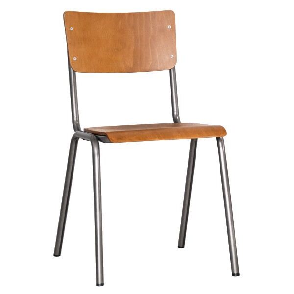 The Cario Side Chair with wooden seat and back, metal frame, in a neutral finish. Contemporary design for commercial spaces.