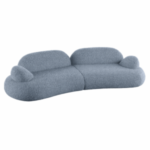 Stylish Chloe Sofa in a soft blue, featuring a unique, curved design with upholstered frame and rounded armrests. Perfect for lounges, workplace furniture.