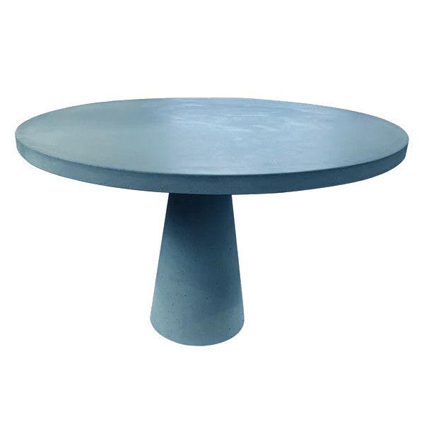 Modern Concrete Dining Table: Round, light blue concrete top with a conical base. Minimalist design for contemporary spaces.