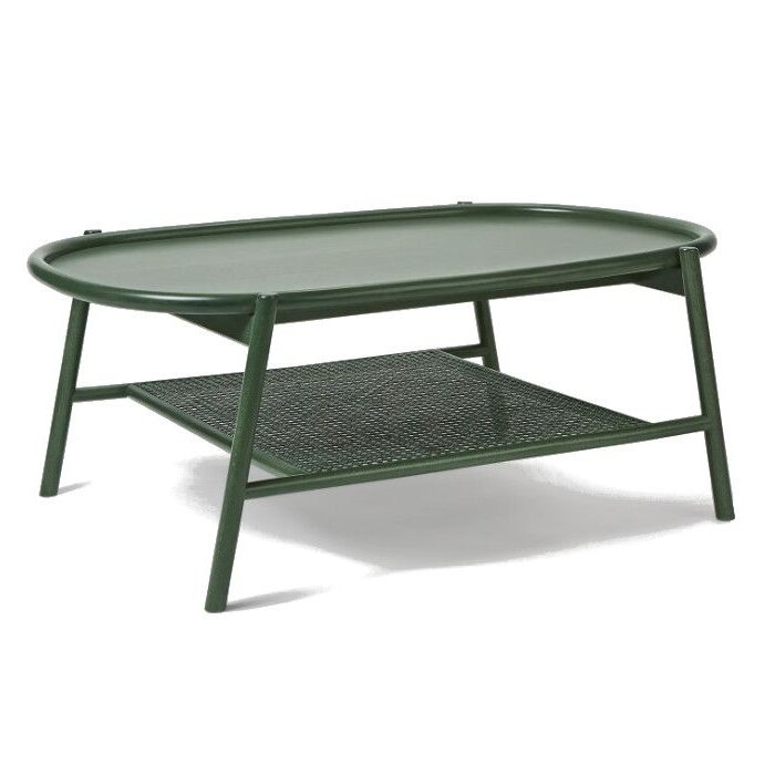 Angled studio shot of a green Drum Oval Coffee Table with wooden frame, cane shelf, suitable for modern commercial spaces.