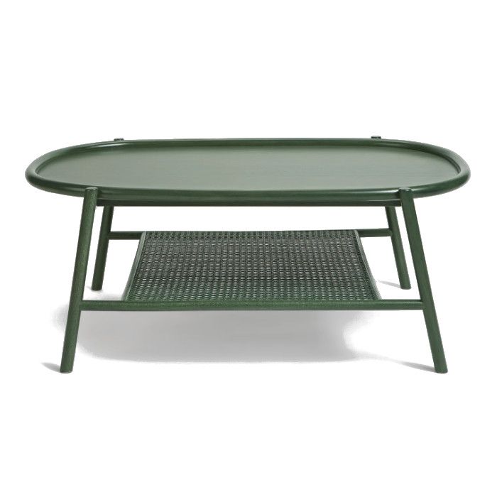 Front view of a green Drum Oval Coffee Table with wooden frame, cane shelf, and refined contemporary design.