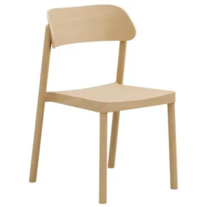 Front view of the Nimm W Side Chair, featuring a light wood frame and seat. Simple, modern design.