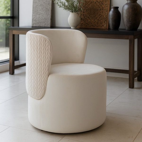 Stylish Ron Pouf in creamy white, showcasing its unique textured arm and round, upholstered design, perfect for modern interiors.
