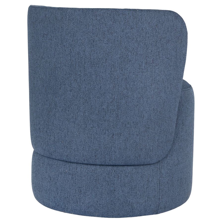 Rear view of the round Ron Pouf upholstered in blue fabric, perfect for adding flexible seating to any space.
