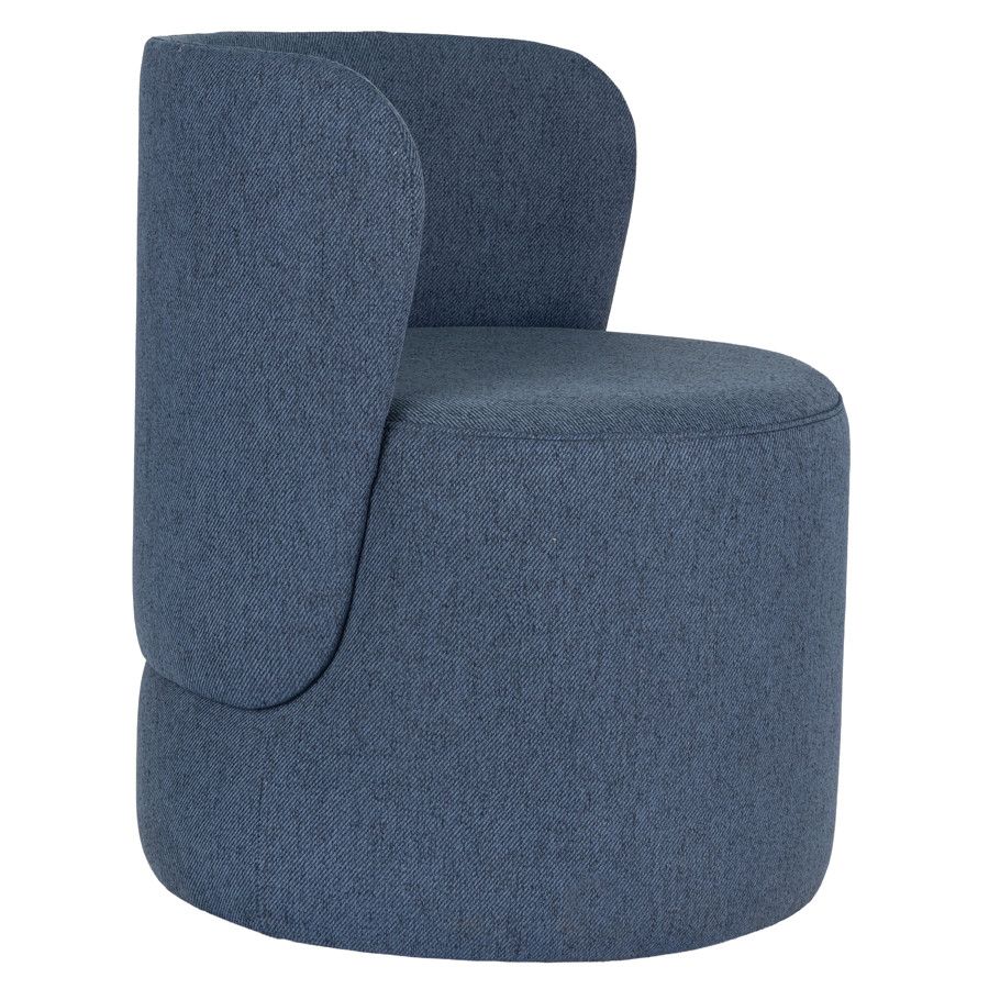 Stylish denim-blue Ron Pouf, upholstered frame, unique curved back, and comfortable round seat. Perfect accent seating.