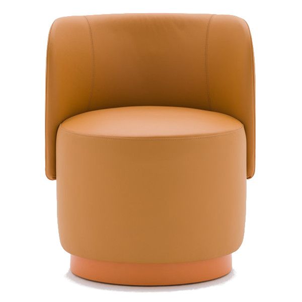 Front view of a tan leather Tablet Swivel Pouf with rounded back and base, ideal for hotel lounges and commercial spaces.