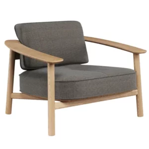 Twins Lounge Chair: Upholstered in gray, with light wood frame & armrests. A modern, comfortable seating solution, contract furniture, hotel outdoor furniture.