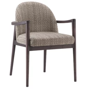 Front view of the Arlo Armchair featuring a brown upholstered seat and back with a wooden frame and armrests.