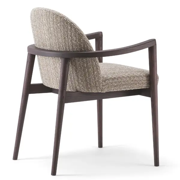 Arlo Armchair with wooden frame, upholstered seat and back in beige fabric, shown from a back angle.