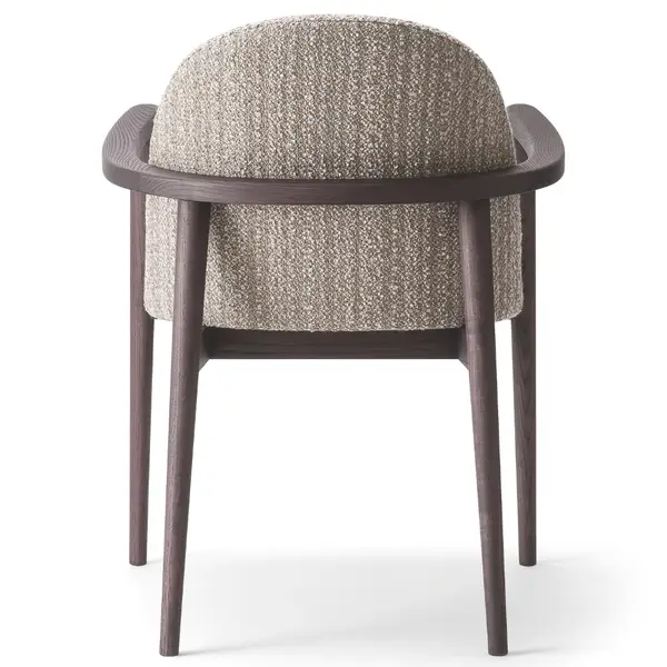 Back view of Arlo Armchair with upholstered seat and wooden frame, showcasing its modern design and material details.