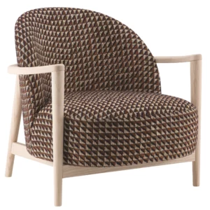 Arlo Lounge Chair with geometric brown upholstery and light wood frame, showcasing a comfortable, contemporary design.