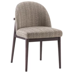 Arlo Side Chair, front view. Upholstered in neutral fabric with a dark wood frame. Modern design for hospitality and workplace.