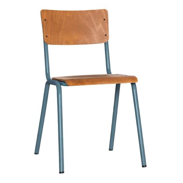 Angled view of the Cario Side Chair with wooden seat and back, and a light blue metal frame, showcasing its simple design.