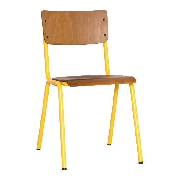Cario Side Chair in yellow. Wooden seat and backrest with a durable metal frame. Perfect for modern commercial spaces.