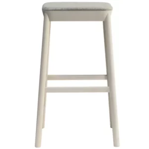 Front view of a Drum High Stool featuring a light wooden frame and a gray upholstered seat, perfect for commercial spaces.