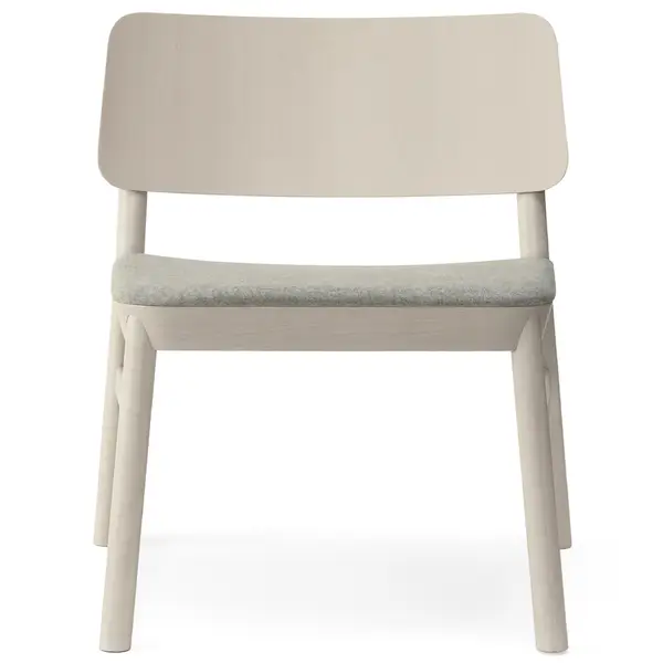 Front view of a light wood Drum Lounge Chair with upholstered seat. Contract furniture for hotel, healthcare, and workplace design.