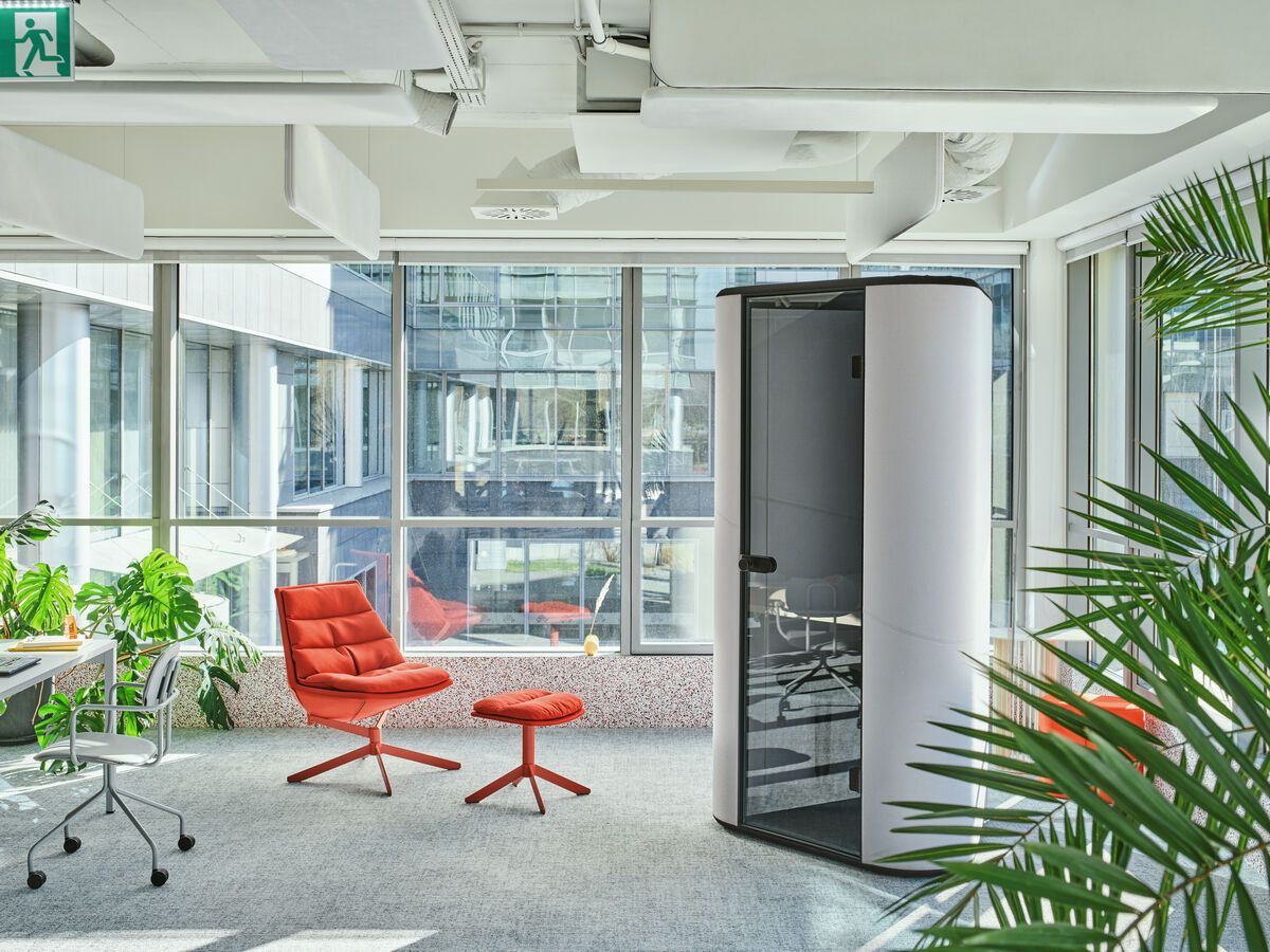 fat frank lounge chair Inspiring workplace reception with Fat Frank lounge chair, ottoman, and soundproof meeting pod for contract furniture design.