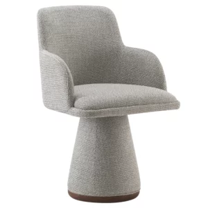 Upholstered Flo Armchair in light grey fabric with a sculptural, contemporary design for commercial interiors.