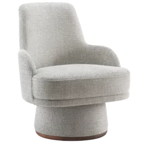 Angled view of the Flo Lounge Chair in textured light gray fabric, featuring a curved back and integrated arms on a round base.