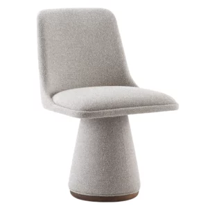 Angled view of the Flo Side Chair: a modern, upholstered chair with a unique, sculptural base and neutral fabric.